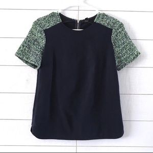 J Crew Navy Blue short sleeve with green tweed